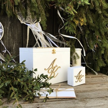 Большая БЕЛАЯ Коробка для КОНВЕРТОВ+ОБРУЧАЛЬНЫХ КОЛЬЦ, мох