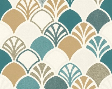 TAPETA FLIZELINA TURKUSOWE WACHLARZE ART DECO