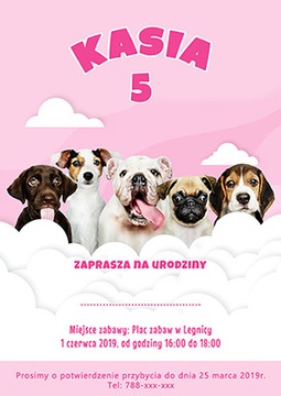 Zaproszenie urodzinowe dziewczynka pieski