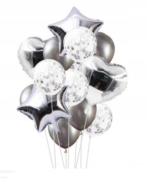 Balony Srebrne z Konfetti Gwiazdki Serca Zestaw