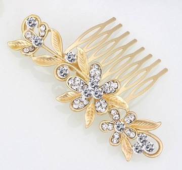 GRZEBYK GRZEBIEŃ ZŁOTY WĄSKI DŁUGIE CYRKONIE ŚLUB