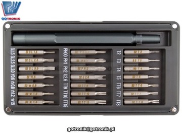 Набор из 21 прецизионных бит в практичном футляре.