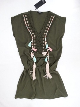 Włoska tunika BOHO plażowa KHAKI frędzle koronka M