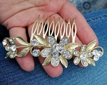 GRZEBYK GRZEBIEŃ ZŁOTY WĄSKI DŁUGIE CYRKONIE ŚLUB