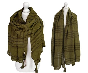 DUŻY LNIANY SZAL SZALIK MIĘSISTY CIEPLUTKI POMPONY