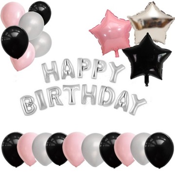 Zestaw Balonów Happy Birthday Czarne Literki
