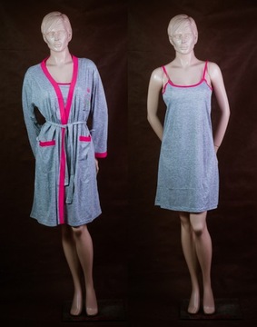 KOMPLET SZLAFROK Z KOSZULĄ NOCNĄ RAMIĄCZKACH ZESTAW BAWEŁNIANY DAMSKI M