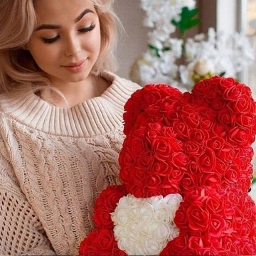 МИШКА КРАСНАЯ РОЗА С БЕЛЫМ СЕРДЦЕМ + лепестки розы + шоколад Milka