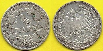 NIEMCY 1/2 Marki 1909 r. J - Ag - 1