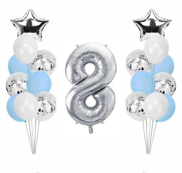Zestaw balony cyfra 8 lat urodziny srebrne