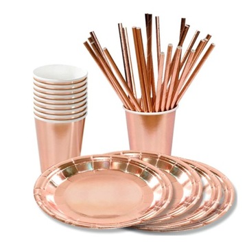Zestaw ROSE GOLD Talerzyki Kubki i Słomki 12 osób