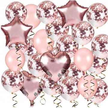 BALONY ROSE GOLD ślub wieczór PANIEŃSKI konfetti 34 szt zestaw balonów