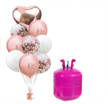 Butla z HELEM + balony ROSE GOLD BIAŁE z KONFETTI