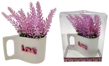Różowy wrzos w ceramicznym kubku LOVE 14 cm