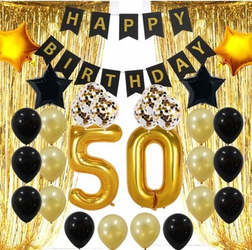 BALONY cyfry zestaw 50 LAT konfetti CZARNE ZŁOTE
