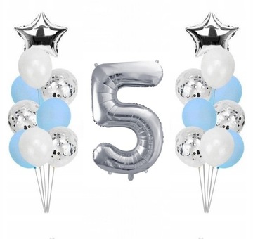 Zestaw balony cyfra 5 latka urodziny srebrne