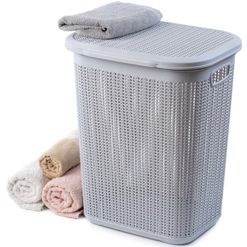 KOSZ NA PRANIE BIELIZNĘ 50L POJEMNIK PLASTIKOWY DUŻY Z POKRYWĄ SZARY