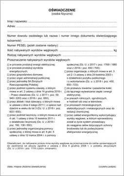 Oświadczenie o przeznaczeniu wyrobów węglowych