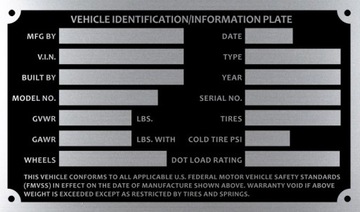 VEHICLE IDENTIFCATION - tabliczka znamionowa USA