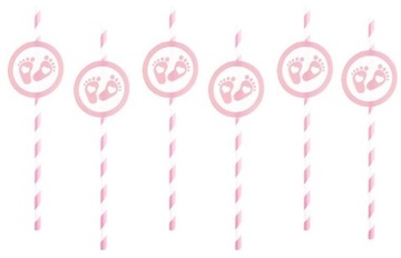 SŁOMKI PAPIEROWE BABY SHOWER RÓŻOWE STÓPKA 6 SZTUK