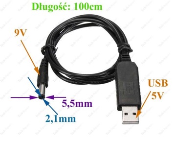 Kabel Konwerter USB - DC 2.1 x 5.5mm 9V Zasilacz
