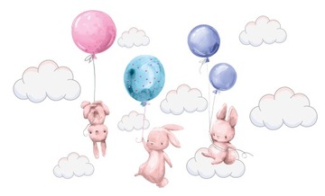 Naklejka ścienna KRÓLICZKI balony chmurki XXXL