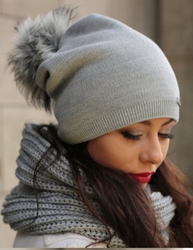 ПОЛЬША Шапка гнома с МЕХОВЫМ помпоном СерыйC7