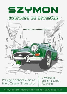Zaproszenie urodzinowe dla chłopca auto urodziny