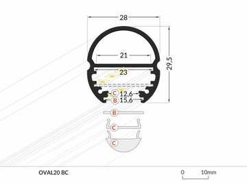 Профиль из анодированного алюминия OVAL20 для светодиодных лент длиной 1 м