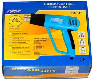 ЭЛЕКТРИЧЕСКАЯ ТЕПЛОВАЯ ПИСТОЛЕТКА 2-СКОРОСТНАЯ 1500ВТ 650C + 3 НАСАДКИ