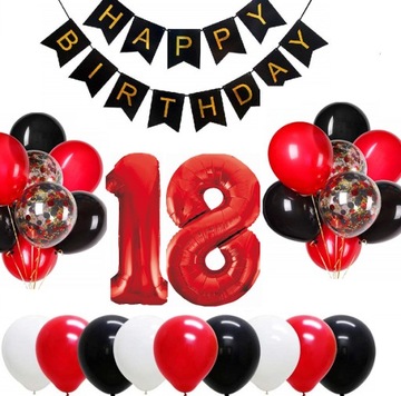 BALONY zestaw 18 LAT osiemnastkę CZARNE CZERWONE