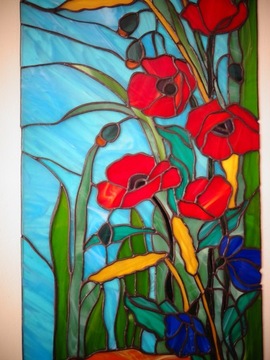 Витражное панно «Маки», витражное остекление дверей