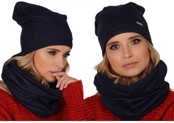 GRANATOWY Komplet damski czapka z kominem POLAR K4