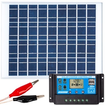 ZESTAW PANEL SOLARNY BATERIA SŁONECZNY PROSTOWNIK ŁADOWARKA REGULAT 20W 12V