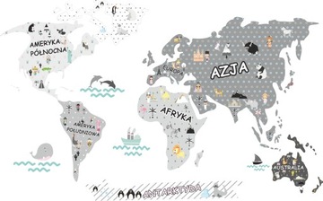 Mapa świata pastelowe naklejki zwierzęta 160x100cm