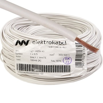 100m Przewód jednożyłowy kabel 1x0,5 linka LGY 1 x 0,5mm biały