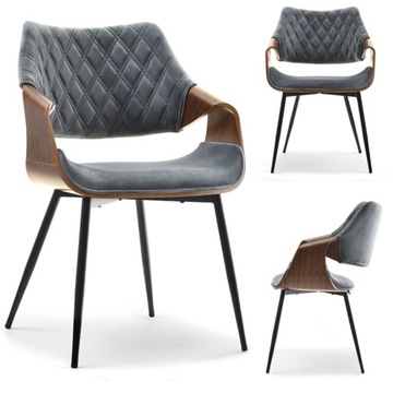 KRZESŁO PIKOWANE Z DREWNEM ORZECH RENZO SZARE WELUROWE