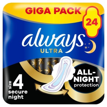 ALWAYS ULTRA SECURE NIGHT ДОПОЛНИТЕЛЬНЫЕ 4 САНИТАРНЫЕ ПРОКЛАДКИ С КРЫЛЬЯМИ 24 ШТ.