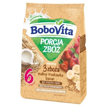 BOBOVITA порція 3 злаків кашка молочна малина-полуниця-банан 6 міс.+ 210 г