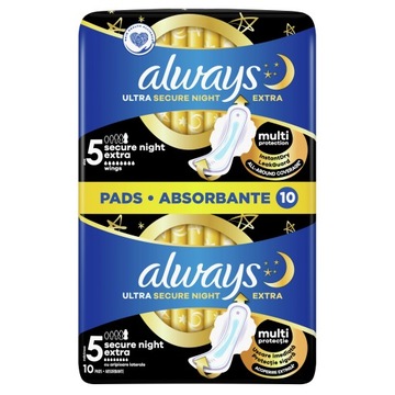 Podpaski Always ultra 5 secure night extra ze skrzydełkami 10 szt.
