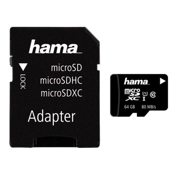 Карта памяти Hama microSDXC 64 ГБ + SD-адаптер 80 МБ/с, класс C10 x3