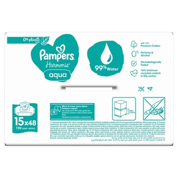ВЛАЖНЫЕ САЛФЕТКИ PAMPERS HARMONIE AQUA 15х48 шт 0% ХИТ ПЛАСТИКА 2024