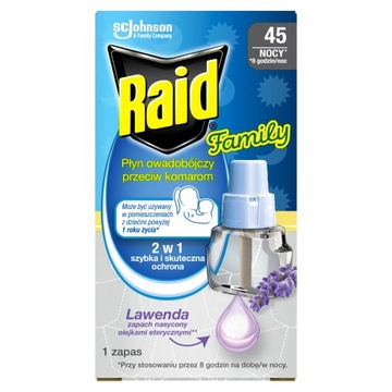 RAID FAMILY Płyn przeciw komarom i Owadom 2w1 Lawenda Zapas 45 nocy
