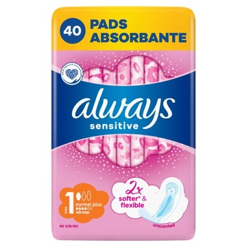Always ultra sensitive 1 normal plus ze skrzydełkami 40 szt. 2xsofter&flex
