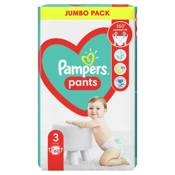 Pieluchomajtki PAMPERS Pants 6-11 kg Rozmiar 3 Pieluchy 62 szt. JUMBO PACK