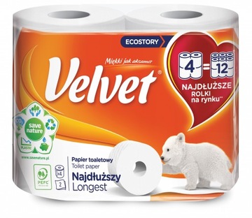 САМАЯ ДЛИННАЯ ТУАЛЕТНАЯ БУМАГА VELVET 4 РОЛИКА