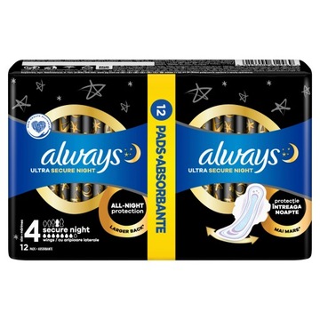 Podpaski Always ultra 4 secure night ze skrzydełkami 12 szt.