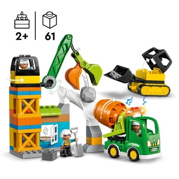 Большой LEGO Duplo Bricks Строительная площадка Кран Автобетоносмеситель 3 Фигурки 10990