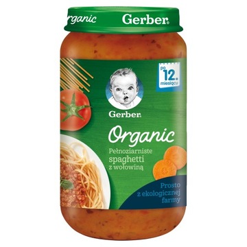 Gerber Organic Pełnoziarniste Spaghetti z wołowiną ECO Makaron 250g 12m+