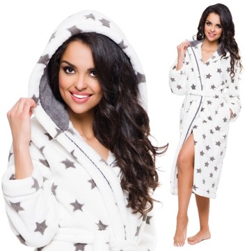 DŁUGI PUCHOWY DAMSKI SZLAFROK GWIAZDKI PODOMKA S